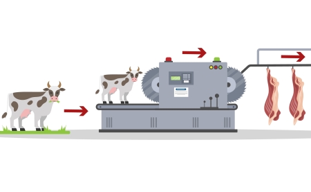 Meat factory set with automatic machines and workers.